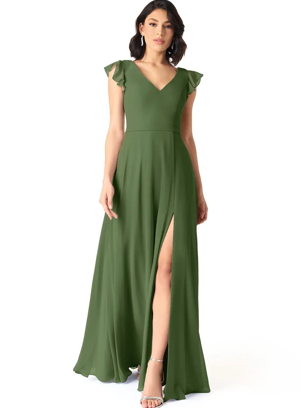 Azazie Olive Maxi Dress with Ruffle Cap Sleeves and Front Slit